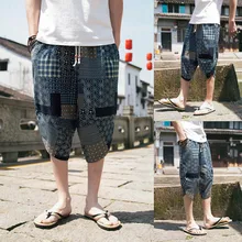 Высококачественные мужские широкие шаровары, хлопковые льняные широкие пижамы, свободные укороченные брюки, лето W426