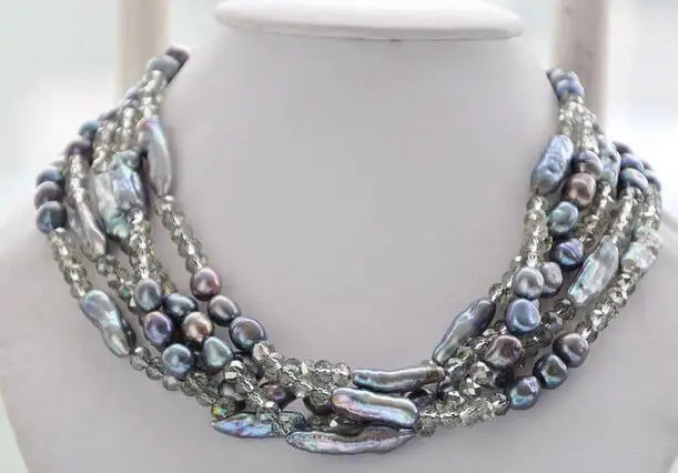 

3328 5strands faceted tan crystal baroque dens black freshwater pearl necklace
