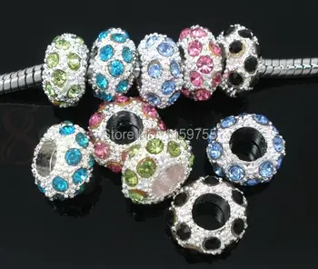 

100pcs Silver Plated Mixed Color Rhinestone Spacer Beads Fit European Bracelet