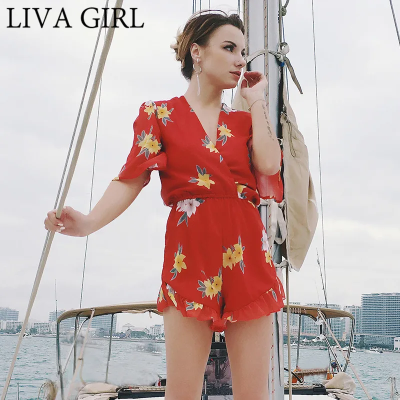 LIVAGIRL Лето v-образным вырезом Печать шифон комбинезон Для женщин свободная талия