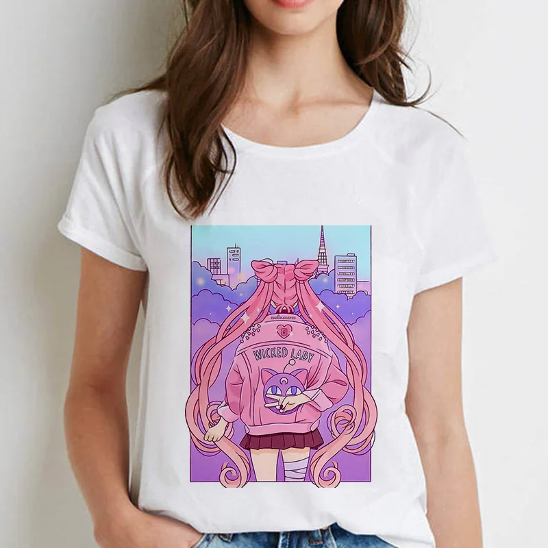 

New Fashion T Shirt Women Sailor Moon Summer Harajuku Short Sleeve Funny Ulzzang T-Shirt Cute Cat Tshirt Cartoon Top Tees Female