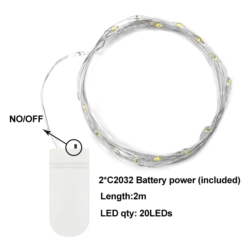 2/3/5/10M Медный провод светодиодный строки светильник Праздничная светильник ing Фея светильник гирлянды для Рождество Свадебная вечеринка украшения - Emitting Color: 2m 2032 with battery