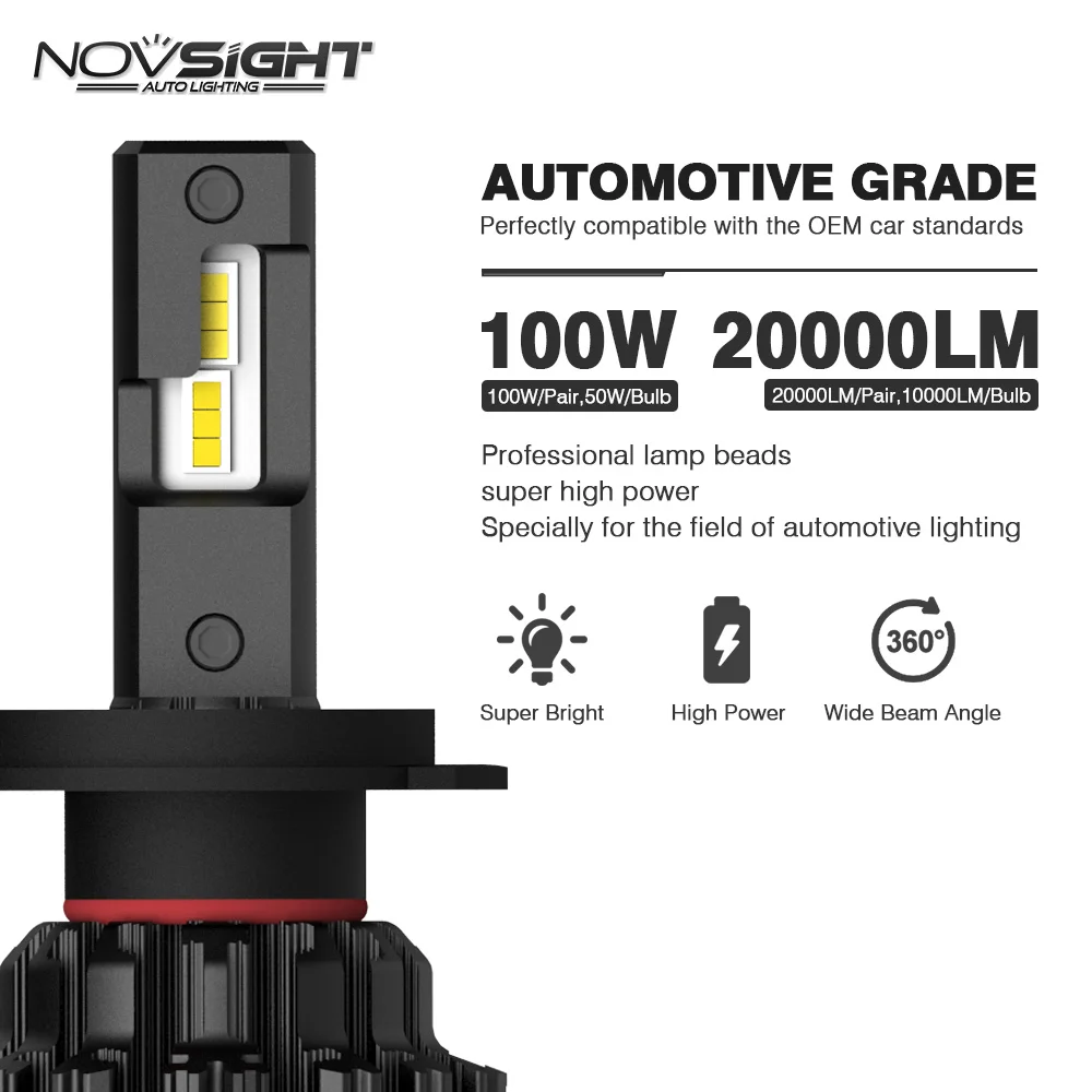 NOVSIGHT H4 светодиодный H7 H11 H8 HB4 HB3 автомобильные лампы для передних фар 100 Вт 20000LM стайлинга автомобилей 6000K светодиодный помощи при парковке