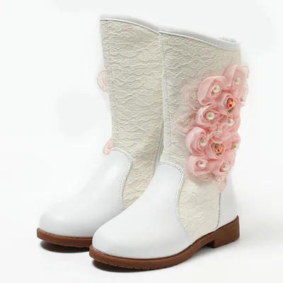 Универсальные теплые ботинки для девушек розовые туфли принцессы с жемчугом и цветком детские ботинки детская обувь для девочек хлопковая обувь высокая зимняя обувь - Цвет: Белый
