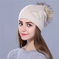 Xthree new Rhinestone embroidery Winter Wool Knitted Hat for Women Beanie Skullie Warm Cap Real Fur Pom Gorro Female Cap 1