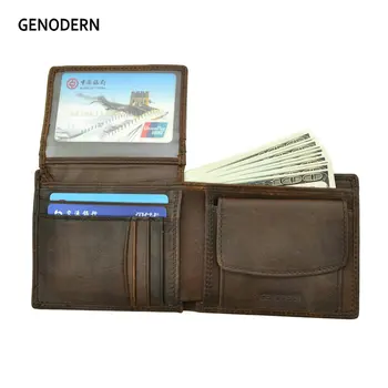 GENODERN Cow Leather Men Wallets with Coin Pocket Vintage Male Purse Function Brown Genuine Leather Men