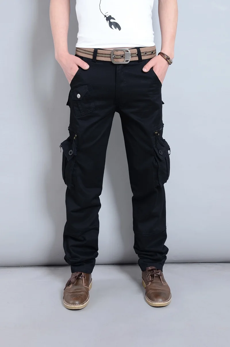 Брюки карго мужские рабочие брюки свободный крой хлопок прямые ноги Повседневная рабочая одежда с Мути карманами - Цвет: Black Man Pants