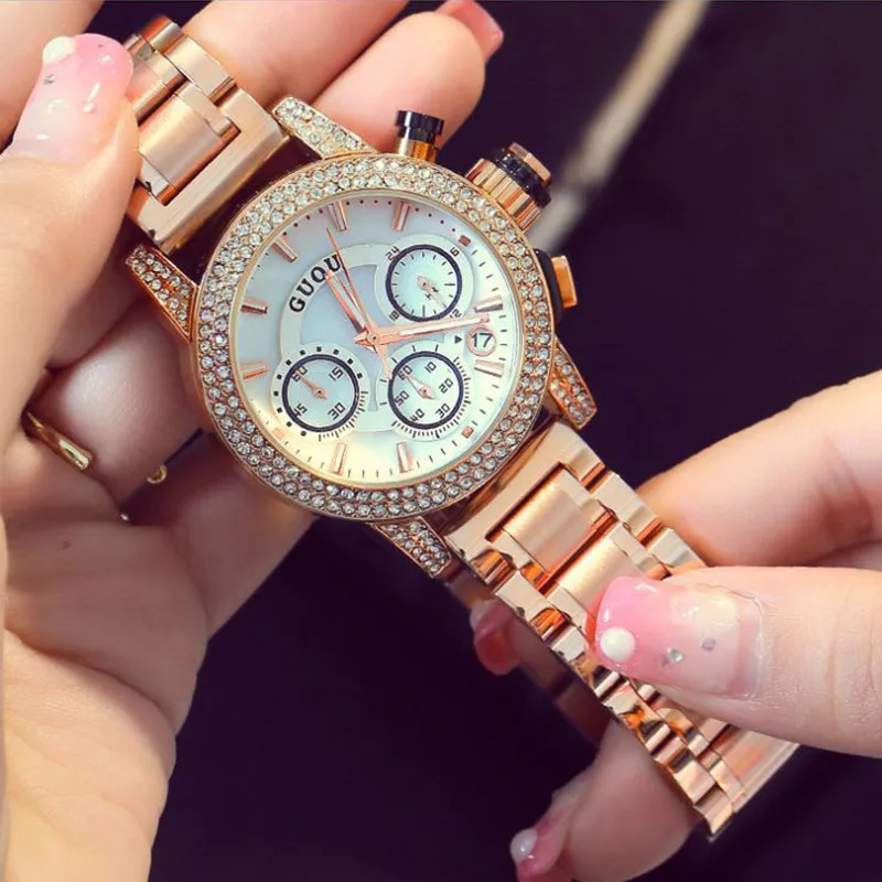 GUOU Women's Watch Fashion Rose Gold Watchband Ladies Watch Calendars Luxury Diamond Women Watches Full Steel Clock reloj mujer GUOU Women's Watch Fashion Rose Gold Watchband Ladies Watch Calendars Luxury Diamond Women Watches Full Steel Clock reloj mujer
