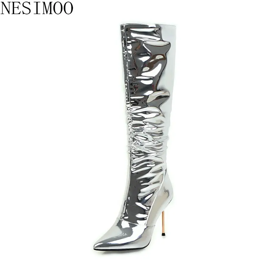

NESIMOO 2019 Women Boots Mid Calf Boots Super Thin High Heel Pointed Toe Winter Fashion Silver Elegant Women Boots Size 34-43