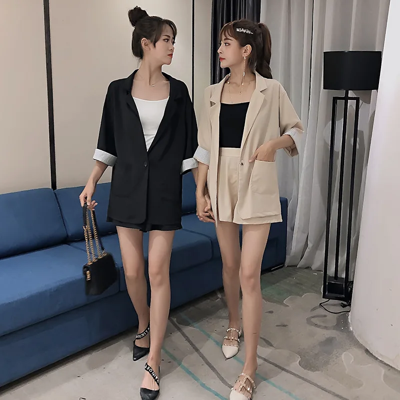2019 women's suit Ladies summer new loose five-point sleeve suit jacket female Casual high waist shorts suit Two-piece set