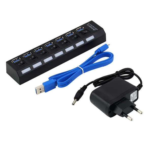 7 Port USB 3.0 Hub On//Off Switches AC Adapter Cable Splitter for Laptop//Desktop