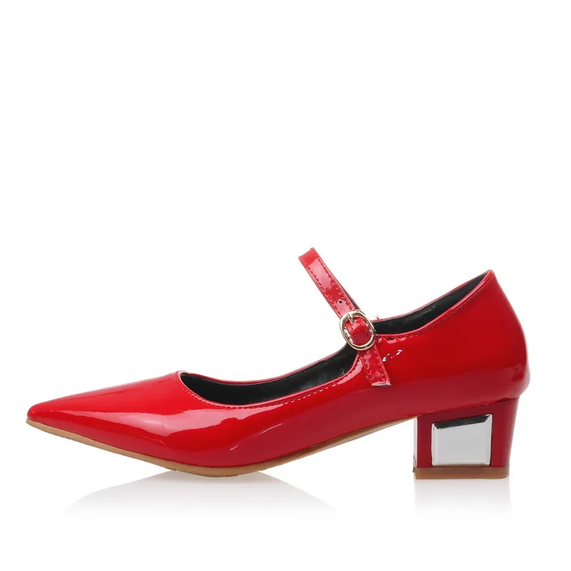 Женская обувь; туфли-лодочки mary jane; удобная модная повседневная обувь на низком квадратном каблуке с пряжкой и острым носком; сезон весна-осень; цвет красный, черный, белый