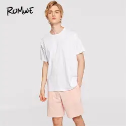 ROMWE для мужчин однотонные белые футболка с розовыми шорты для женщин PJ пижамы девочек летние мужские футболка с коротким рукавом и