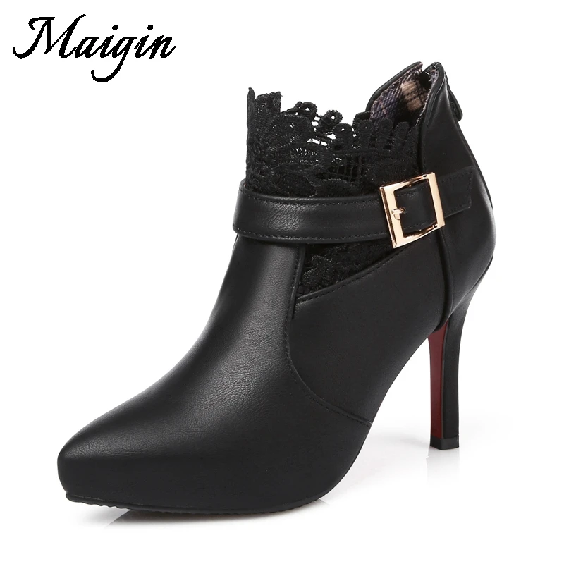 Maigin Black Lace Ankle Boots Women Pointed Toe High Heels Booties 2018 Autumn Zipper Footwear Big Size 34-43 Female Shoes