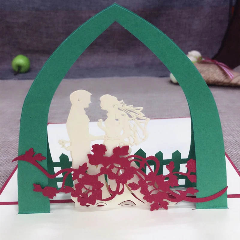 1pcs Sample 3D Laser Cut Paper Greeting Pop Up Kirigami Card Bride and Groom Wedding Invitation Valentine's Day Postcards Gifts (4)