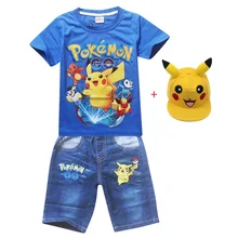 Детские комплекты летней хлопковой одежды с покемонами для мальчиков футболка с короткими рукавами с покемонами, комплект с джинсами для мальчиков, спортивный костюм с рисунком Пикачу для малышей