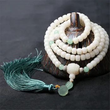 

Genuine White Bodhi Root Beads Bracelet or Necklace Green Tassel Aventurine Lotus Yoga Healing 108 Mala Women Meditation Jewelry