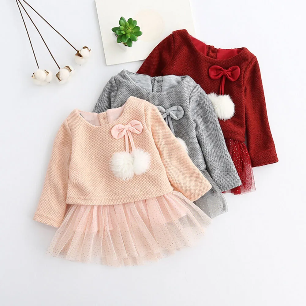 Baby Dresses Girl Toddler Baby Kid Girls Long Sleeve Knitted Bow Newborn Tutu Princess Dress 0-24M vestidos princesas*0.95