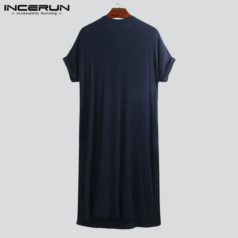 INCERUN пуловер Индийские мужчины сплошной цвет одежда ретро LongT-shirt Kurta костюм с коротким рукавом свободный сплит подол 2019 Повседневная