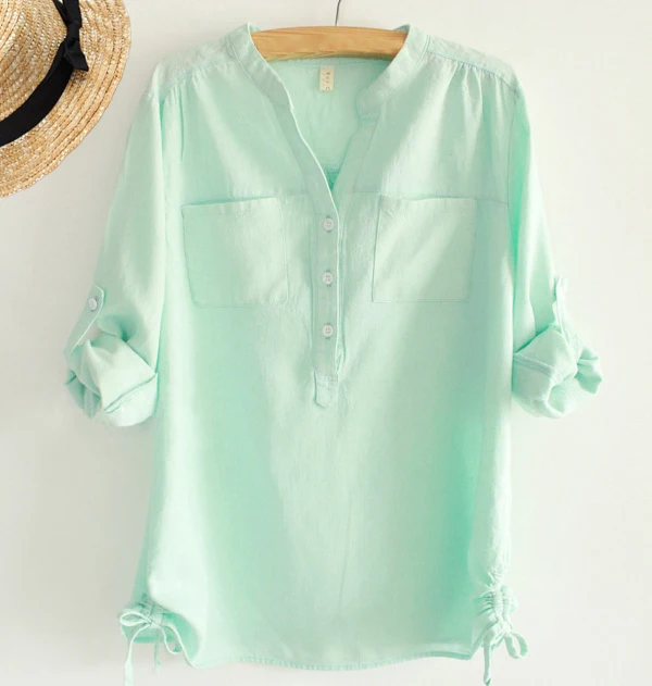 V neck Cotton Long Sleeve Shirt Tops ...