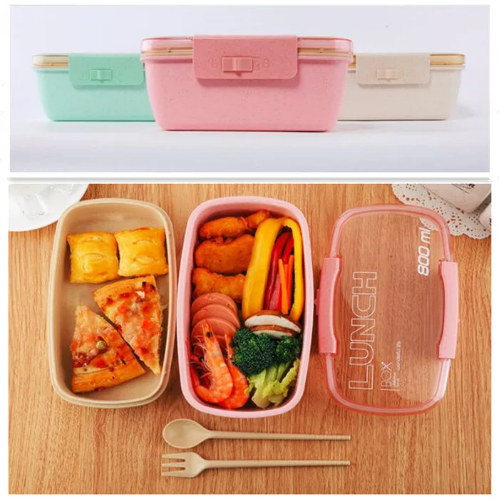 

800ml Healthy Material Lunch Box Double Layer Wheat Straw Bento Boxes Microwave Dinnerware Food Storage Container Lunchbox