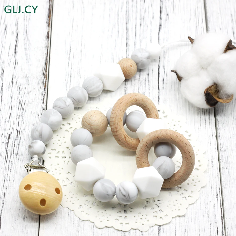 Baby bracelet Wooden Pacifier Clip Montessori Toy Silicone Beads Teether Infant hex silicone BPA Free bracelet