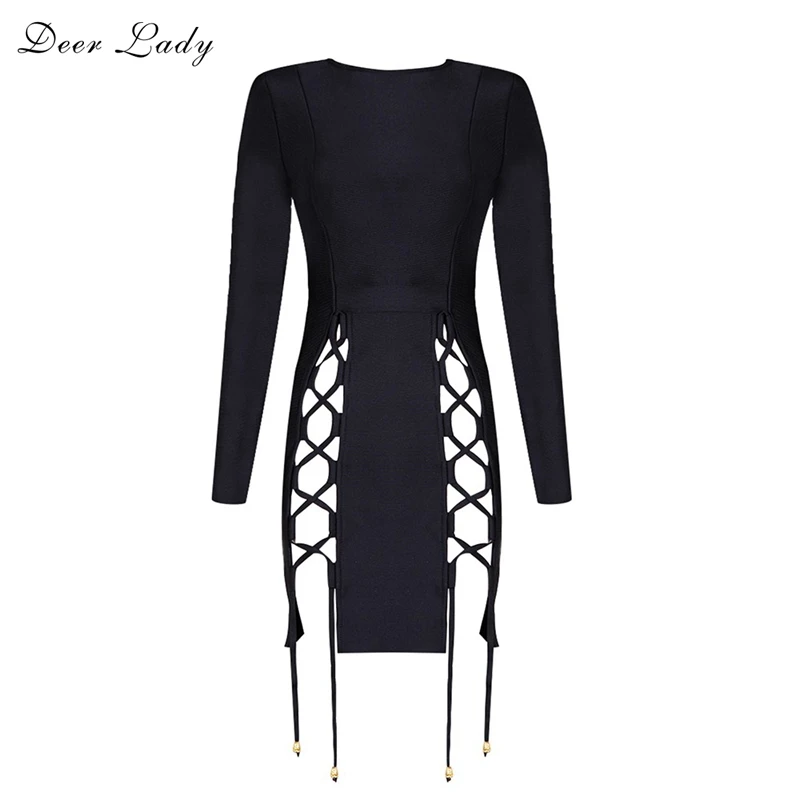 

Deer Lady Women Long Sleeve Bandage Dress Autumn 2019 New Fashion Black Sexy Mini Bandage Dress Rayon Party Club
