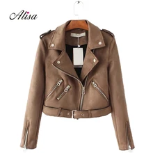 Для женщин короткие замшевые куртки весна длинным рукавом Твердые отложной воротник Повседневное Курточка бомбер casaco couro feminino пальто