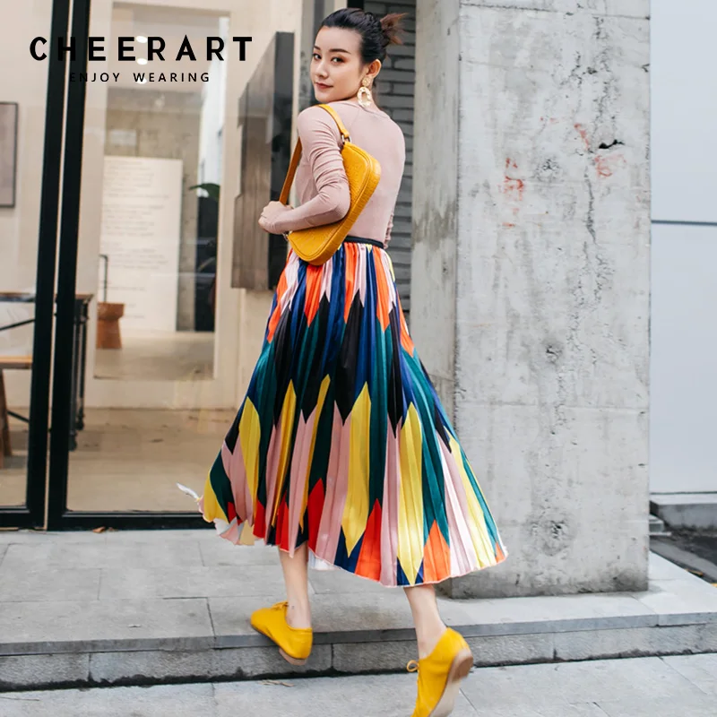 Женская плиссированная юбка Cheerart длинная розовая миди с высокой талией цветными