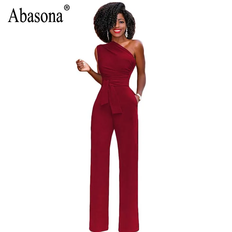 Abasona One Shoulder Women Jumpsuits Casual Wide Leg Pants Summer 2018 Black Red Rompers Womens Jumpsuit Party Overalls Female