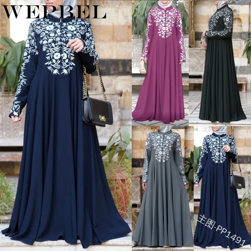 

WEPBEL Muslim Women Dress Full Sleeve Floral Flower Prin Summer Casual Fashion New Abaya Islamic Arabic Lady Dresses