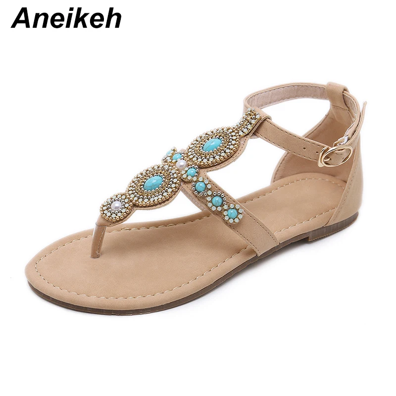 

Aneikeh Women Bohemia Ethnic Gypsy String Bead Flat Sandals Flip Flops Woman Casual Summer Beach Shoes Wedge Heel Size 35-40