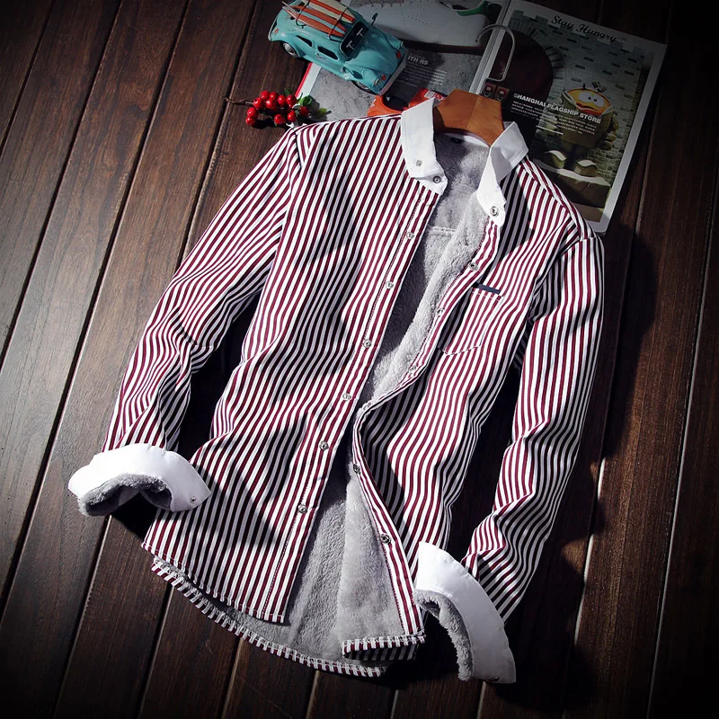 

Maomaoleyenda Men flannel shirt 2017 winter thick warm cashmere Striped Shirt Men Square Neck Long Sleeved cardigan slim shirt