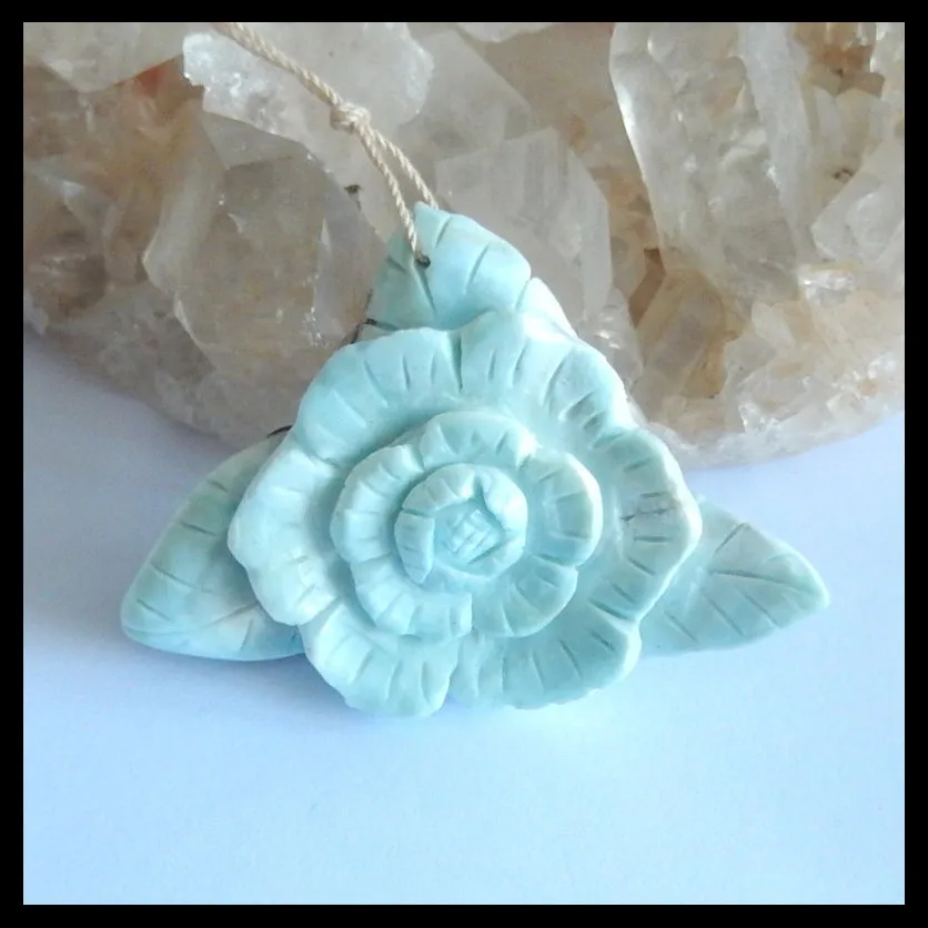 

Semiprecious stone jewelry,wholesale gemstone Carved Flower Larimar Gemstone Pendant,59x44x16mm,32.5g