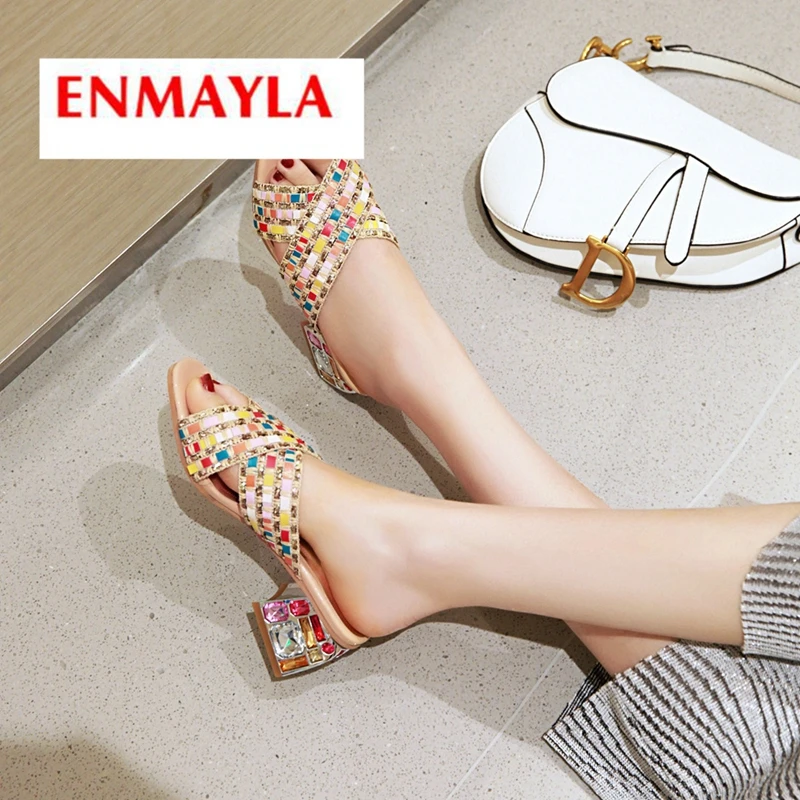 

ENMAYLA 2019 New Arrival Women High Heel Slippers Sequined Cloth Mixed Colors Summer Outside Women Slippers Size 34-43 LY2196