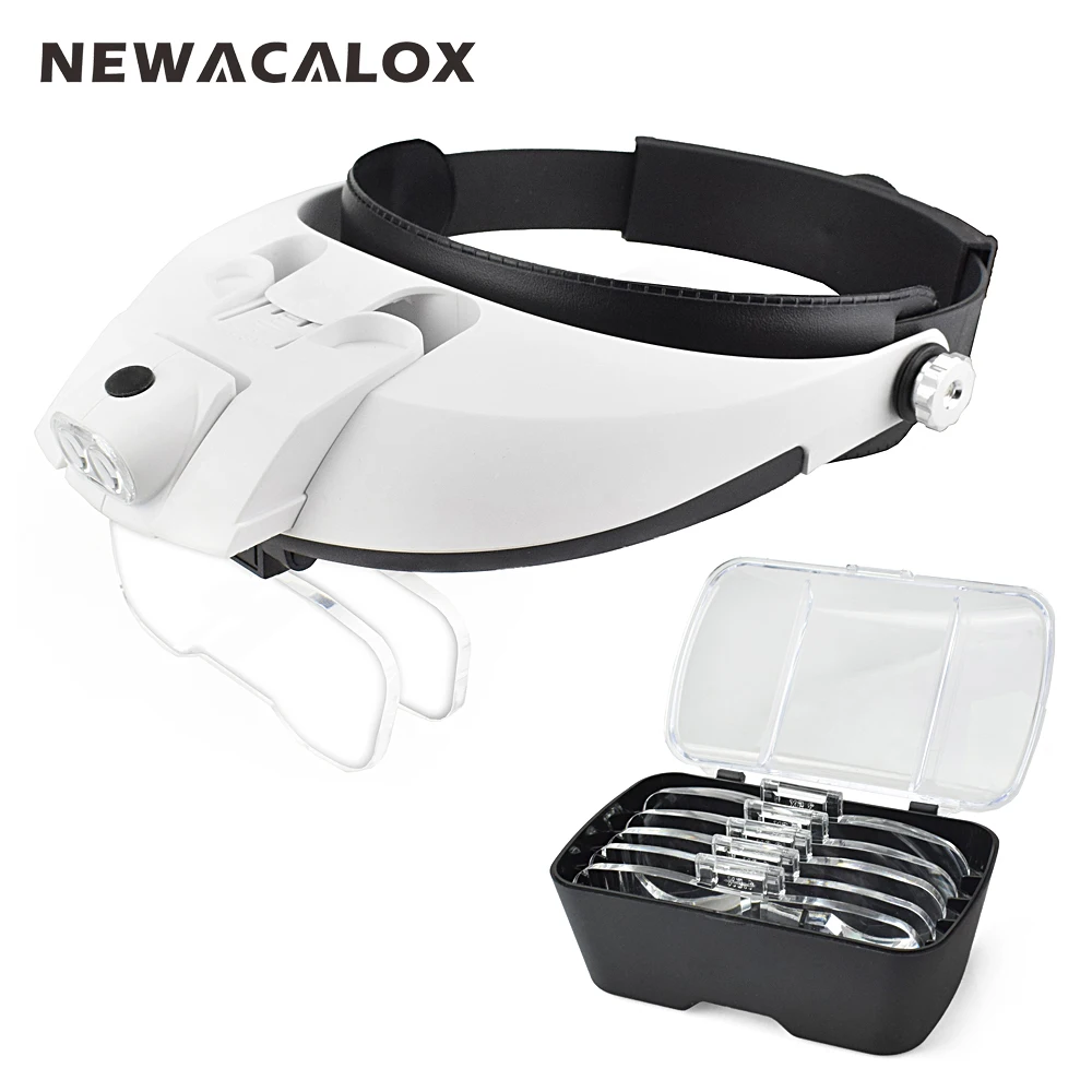 NEWACALOX 2 светодиодный 1 0 6.0X оголовье осветительная Лупа с 5 шт. линзами Регулируемая