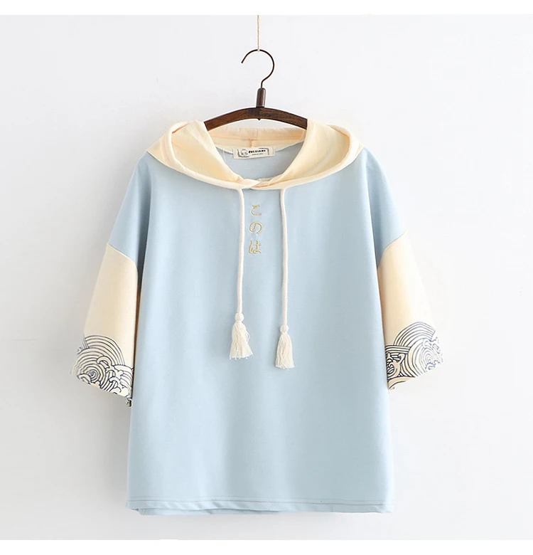 Japanese summer waves printing spell color hooded loose t-shirt