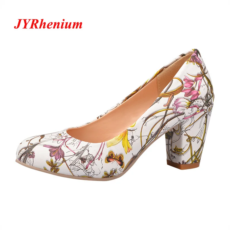 

JYRhenium 2018 Autumn Plus Size 34-43 Zapatos Mujer Thick Heel High Heels Ladies Shoes Women Pumps Flowers Decorated Shoes Red