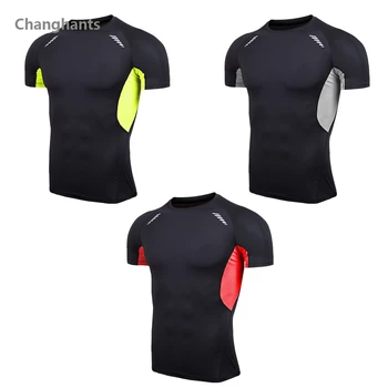 

Men Fitness Short Sleeve T-shirt Black & Green / Red / Gray Stitching Running Basketball Tight Jerseys Quick Dry Sportswear Gym