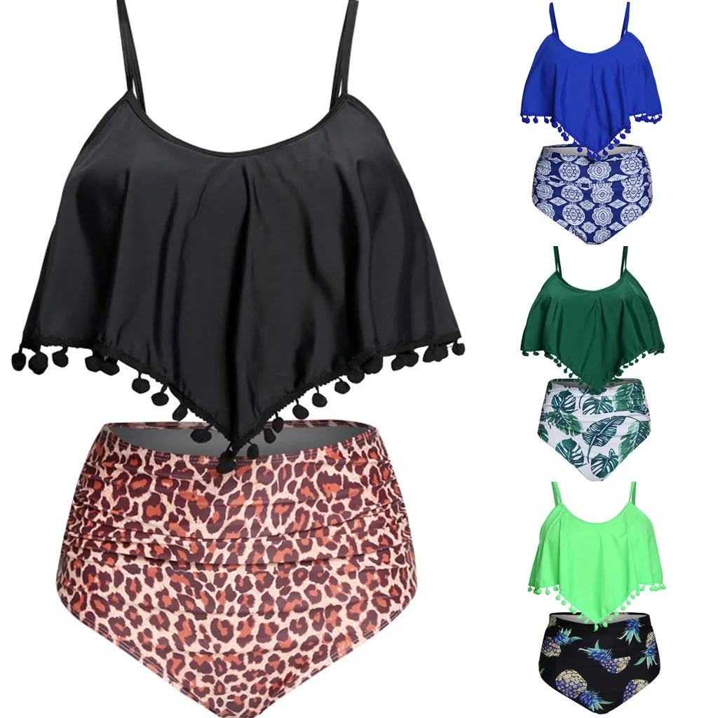 

2019 New Summer Swimwear Women's New Plus Size Lotus Leaf Print Swimsuit High Waist Split Bikini Bathing Suit bañador mujer