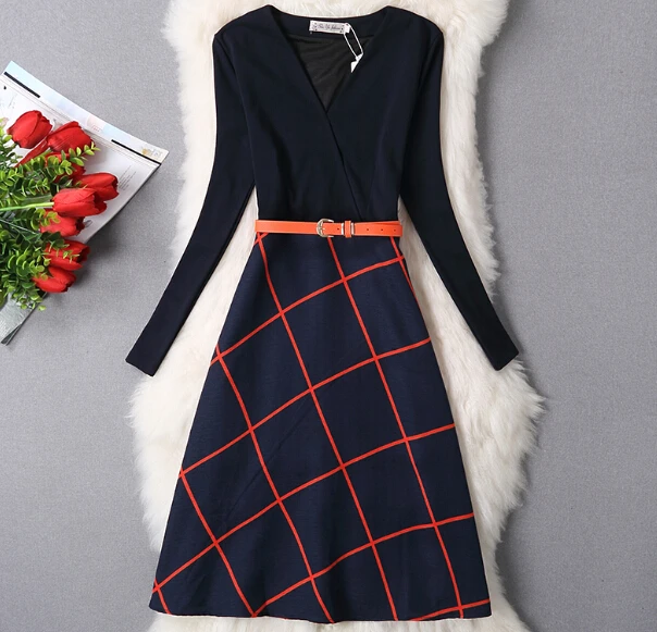 

Autumn Winter Long Midi Dress Women Long Sleeve V-neck Plaid Print Patchwork Casual Slim Prom Party Dress vestidos