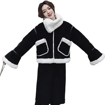 

Women 2019 Spring Autumn Faux Lambswool Coat With Artificial Rabbit Fur Liner Jackets Female Contrast Color Wild Overcoats V939