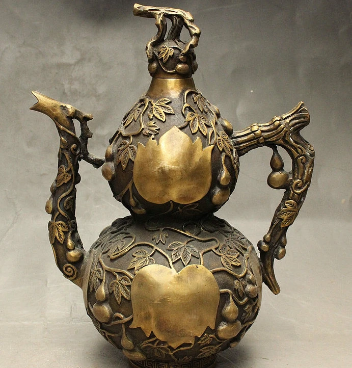 

7" Exquisite China Folk Bronze Copper FengShui Wealth Gourd Wine Tea Pot Flagon