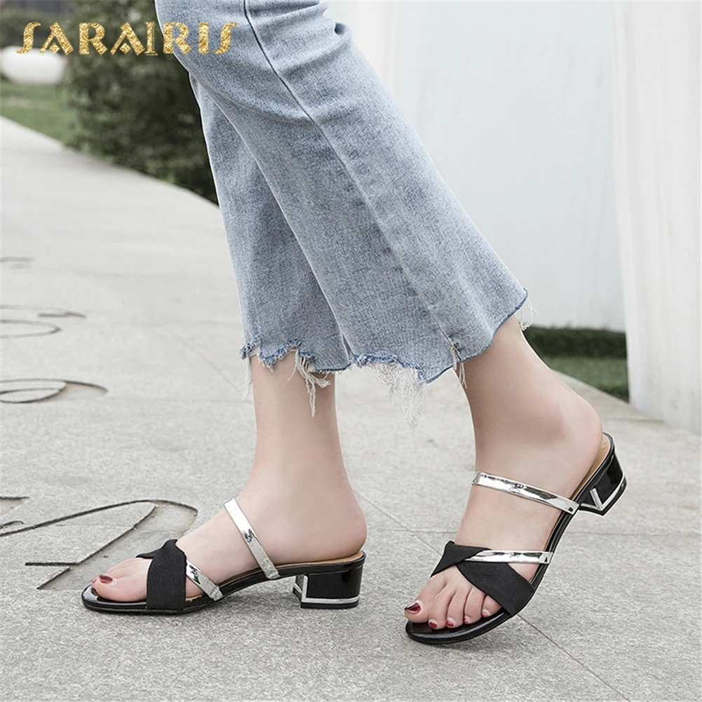 

Sarairis New Fashion 2019 Genuine Cow Leather Summer Pumps Mules Woman Shoes Chunky Heels Peep Toe Hot Shoes Woman Pumps