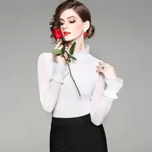 Новинка г. Весенние Для женщин Высокая мода трепал воротник Flare с длинным рукавом под Рубашки для мальчиков женский Повседневное плюс Размеры Прозрачная майка