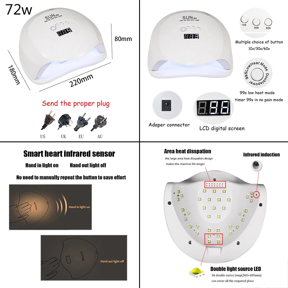 72 Вт УФ светодиодная лампа для сушки ногтей 36 шт. светодиодный лак для отверждения УФ-гель для ногтей с сенсором ЖК-дисплей