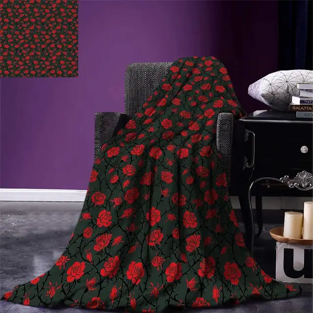 Red and Black Throw Blanket Rose Swirls Ivy Plants Dark Mysterious