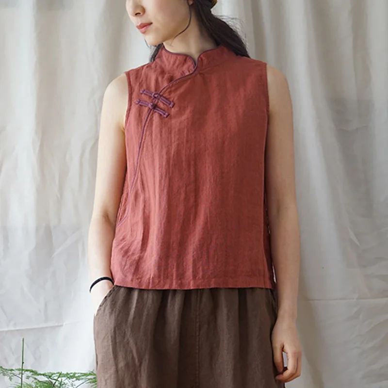 

SCUWLINEN 2019 Summer Women Tops Vintage Plate Buttons Sleeveless Solid Loose Zen Linen Tank Tops Chinese-style Vest P045