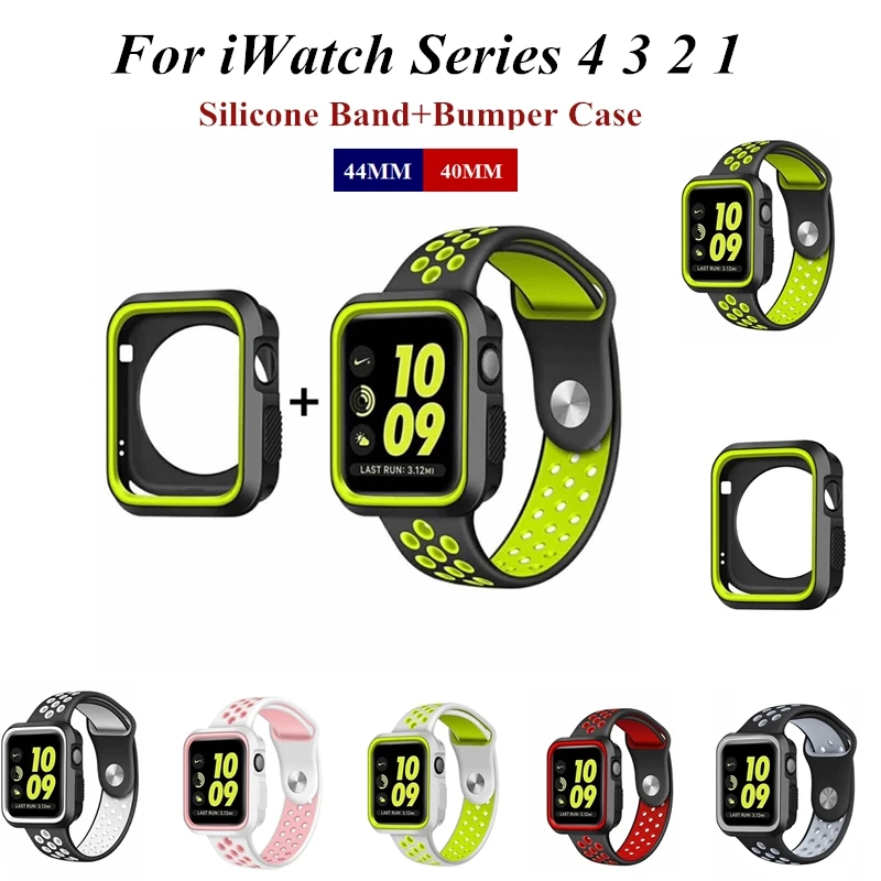 

Rubber Watch Band bracelet with bumper Frame for Apple Watch Series 4 44MM 40MM Band Silicone with iwatch Case Cover Replacement