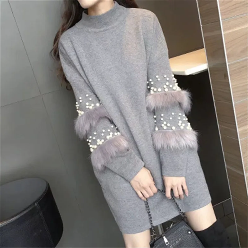 

Winter Clothes Women 2019 New Faux Fur Sleeve Sweater Long-sleeve Jumpers with pearls Turtleneck Pull Casual Pullovers PZ1388